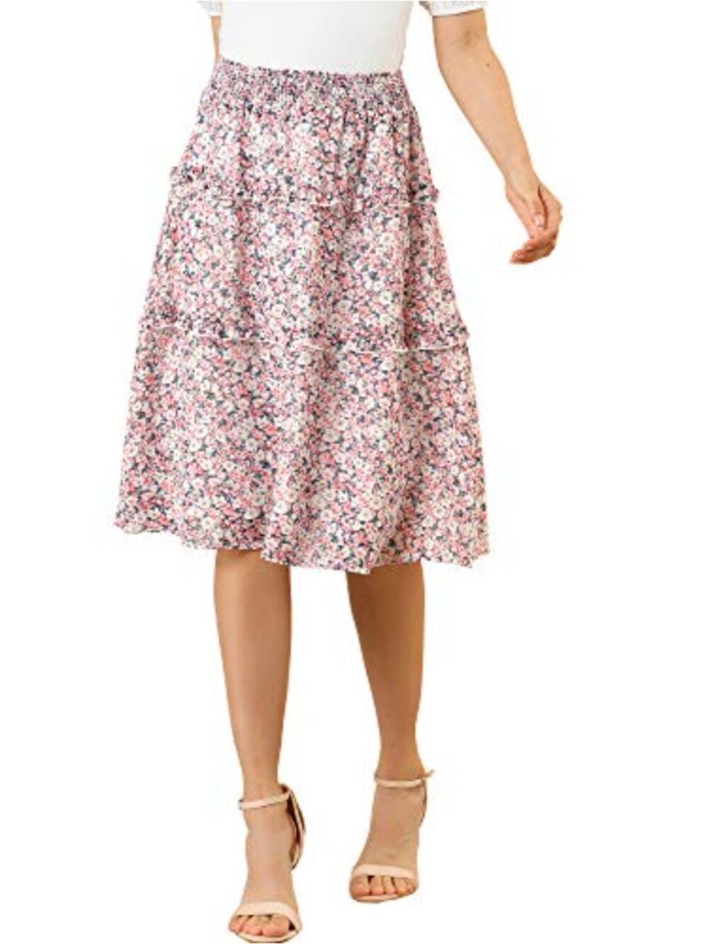 Floral Chiffon Midi Skirt Elastic Waist Smocked A-Line Tiered Ruffle